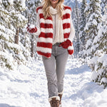 Women's Fashionable Off-white And Red Striped Faux Fur Vest