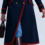Women's Retro Preppy Navy Long Coat With Red Piping And Gold Buttons