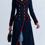 Women's Retro Preppy Navy Long Coat With Red Piping And Gold Buttons