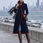 Women's Retro Preppy Navy Long Coat With Red Piping And Gold Buttons