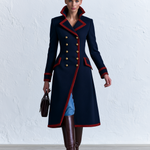 Women's Retro Preppy Navy Long Coat With Red Piping And Gold Buttons