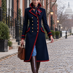 Women's Retro Preppy Navy Long Coat With Red Piping And Gold Buttons