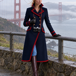 Women's Retro Preppy Navy Long Coat With Red Piping And Gold Buttons