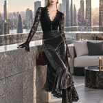 Elegant Party Black Lace And Grey Velvet Patchwork Maxi Dress