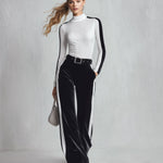 Women's Black White Colorblock Mock Neck Long Sleeve Top and Velvet Wide Leg Pants Two-Piece Sets