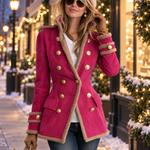 Vintage Military Hot Pink Faux Suede Shearling Trim Double-Breasted Gold Button Band Jacket