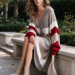 Urban-silhouette Colorblock V-neck Button-down Knit Midi Dress
