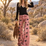 Vintage Western Washed Pink Star Print High Waisted Wide Leg Flare Jeans