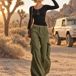 Utility Washed Olive Green Low Rise Baggy Wide Leg Women Cargo Jeans