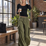 Utility Washed Olive Green Low Rise Baggy Wide Leg Women Cargo Jeans