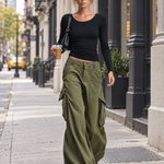 Utility Washed Olive Green Low Rise Baggy Wide Leg Women Cargo Jeans