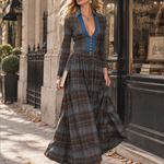 Vintage-Style Denim-Trimmed Brown and Blue Plaid Maxi Dress