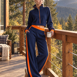 Retro Sporty Navy Color-block Polar Fleece Cropped Zip-up Jacket And Wide-leg Pants Set