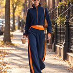 Retro Sporty Navy Color-block Polar Fleece Cropped Zip-up Jacket And Wide-leg Pants Set