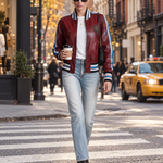 Retro Sporty Burgundy Faux Leather Crest Patch Striped Trim Varsity Bomber Jacket