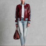 Retro Sporty Burgundy Faux Leather Crest Patch Striped Trim Varsity Bomber Jacket