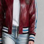 Retro Sporty Burgundy Faux Leather Crest Patch Striped Trim Varsity Bomber Jacket