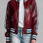 Retro Sporty Burgundy Faux Leather Crest Patch Striped Trim Varsity Bomber Jacket