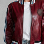 Retro Sporty Burgundy Faux Leather Crest Patch Striped Trim Varsity Bomber Jacket