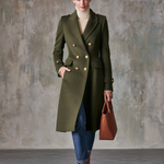 Women's Military-style Olive Green Wool Blend Double-breasted Long Coat