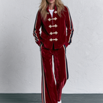 Women's Military Style Webbing Burgundy Velvet Jacket And Pants Set