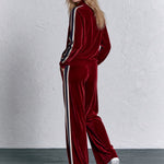 Women's Military Style Webbing Burgundy Velvet Jacket And Pants Set