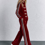 Women's Military Style Webbing Burgundy Velvet Jacket And Pants Set