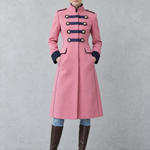 Women's Military-style Pink Wool Blend Double-breasted Long Coat