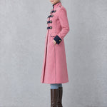Women's Military-style Pink Wool Blend Double-breasted Long Coat