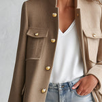 Stylish Cool Multi-pocket Oatmeal-colored Stand-collar Single-breasted Coat