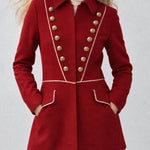 Women's Vintage Gold Button Military Style Red Wool Blend Coat