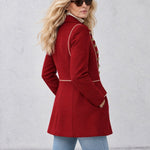 Women's Vintage Gold Button Military Style Red Wool Blend Coat
