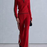 Casual Retro Striped-Trim Red Knitted Half-Zip Top and Wide-Leg Pants Set
