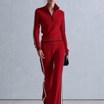 Casual Retro Striped-Trim Red Knitted Half-Zip Top and Wide-Leg Pants Set