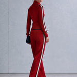 Casual Retro Striped-Trim Red Knitted Half-Zip Top and Wide-Leg Pants Set