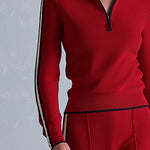 Casual Retro Striped-Trim Red Knitted Half-Zip Top and Wide-Leg Pants Set