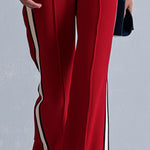 Casual Retro Striped-Trim Red Knitted Half-Zip Top and Wide-Leg Pants Set