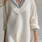 Stylish Striped Trim Cream-White Knitted Faux-Layered Midi Dress