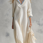 Stylish Striped Trim Cream-White Knitted Faux-Layered Midi Dress