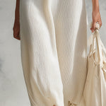 Stylish Striped Trim Cream-White Knitted Faux-Layered Midi Dress