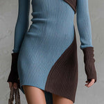 Retro Chic Blue Color-Block Asymmetric Ribbed Knit Long-Sleeve Bodycon Mini Sweater Dress