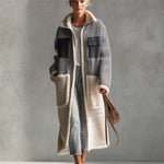 Casual Vintage Grey Herringbone Fleece Patchwork Pocket Zip-Up Long Sherpa Coat