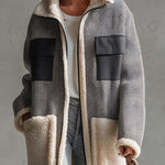 Casual Vintage Grey Herringbone Fleece Patchwork Pocket Zip-Up Long Sherpa Coat