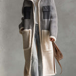 Casual Vintage Grey Herringbone Fleece Patchwork Pocket Zip-Up Long Sherpa Coat