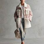 Retro Chic Pink Herringbone Wool Blend Sherpa Collar Gold Button Oversized Coat