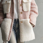Retro Chic Pink Herringbone Wool Blend Sherpa Collar Gold Button Oversized Coat