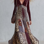 Vintage-Inspired Bohemian Animal-Print V-Neck Velvet Maxi Dress