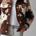 Western Cowgirl Cow Print Faux Suede Button Up Oversized Womens Trucker Jacket
