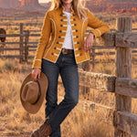 Women's Retro Woven Button Mustard Yellow Cotton Military Style Jacket