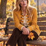 Women's Retro Woven Button Mustard Yellow Cotton Military Style Jacket